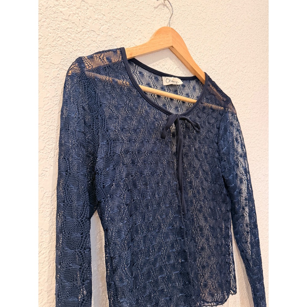 Y2K Navy Blue Lace Tie Front Cardigan Sheer Knit Shrug Top Womens Academia S‎ - Picture 3 of 10